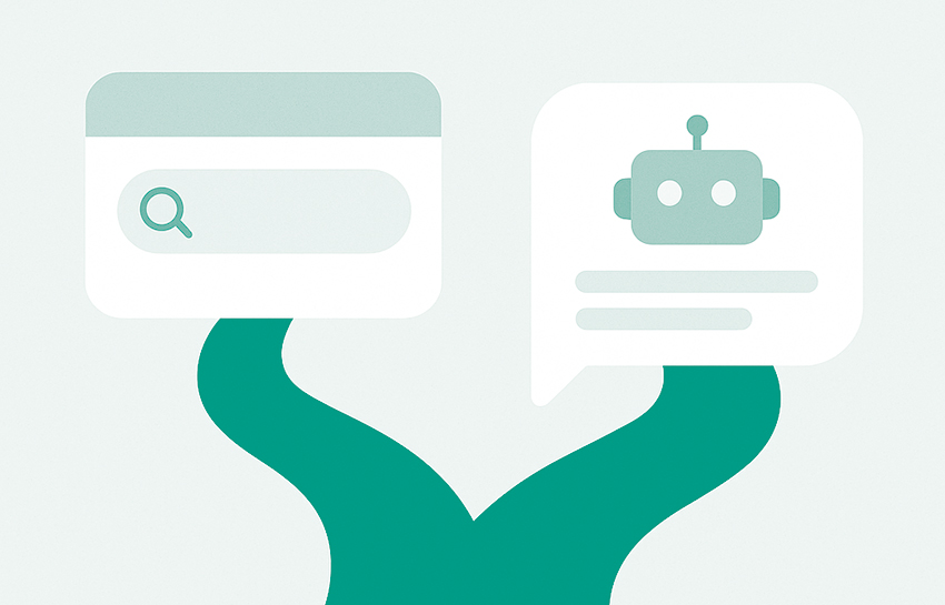 Del SEO al AEO: el nuevo camino hacia la búsqueda con IA Ilustración conceptual de dos caminos: uno hacia un buscador tradicional con lupa y otro hacia una interfaz de IA con icono de robot, simbolizando el cambio en la forma de buscar información.